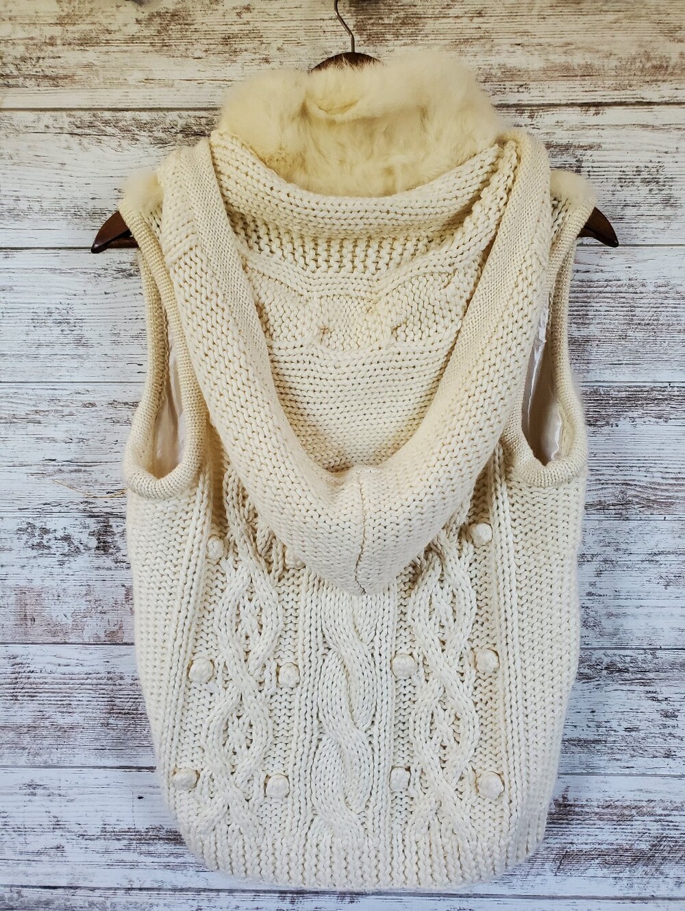 Sweet by Miss Me Angora Fur Cable Knit Hooded Sweater Vest Ivory Like New - Picture 7 of 16
